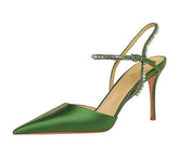 Satin Rhinestone Embellished Strap Stiletto Sandals EU 33 / Green / 9.5CM